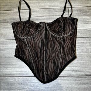WHITE FOX Mesh Corset Top Black Beige Wavy Zip Boned XS Polyester Elastane